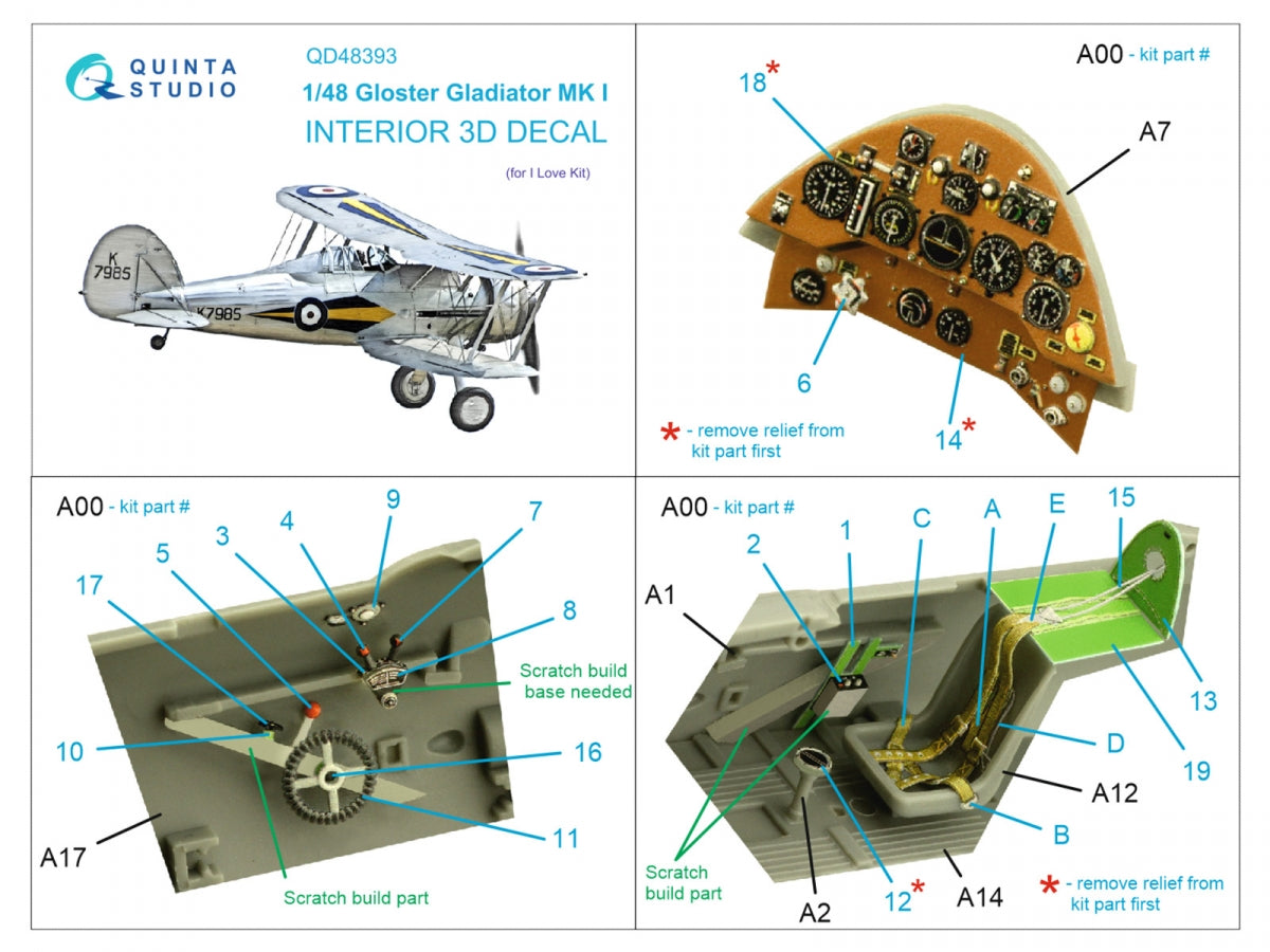 Quinta Studio QD48393 Gloster Gladiator MKI 3D-Printed &amp;amp; coloured Interior on decal paper (I Love Kit) 1/48 – immagine 2