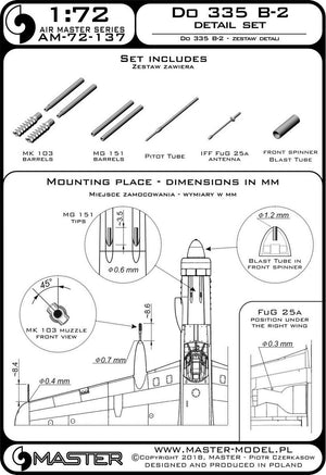 Master AM-72-137 Do 335 B-2 – detail set – MG 151, MK-103 tip, FuG 25a antenna, pitot tube (1/72) – image 3