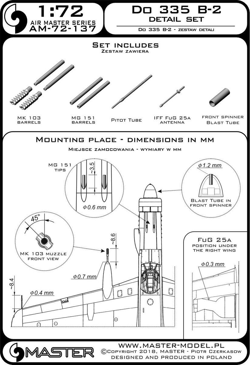 Master AM-72-137 Do 335 B-2 – detail set – MG 151, MK-103 tip, FuG 25a antenna, pitot tube (1/72) – image 3