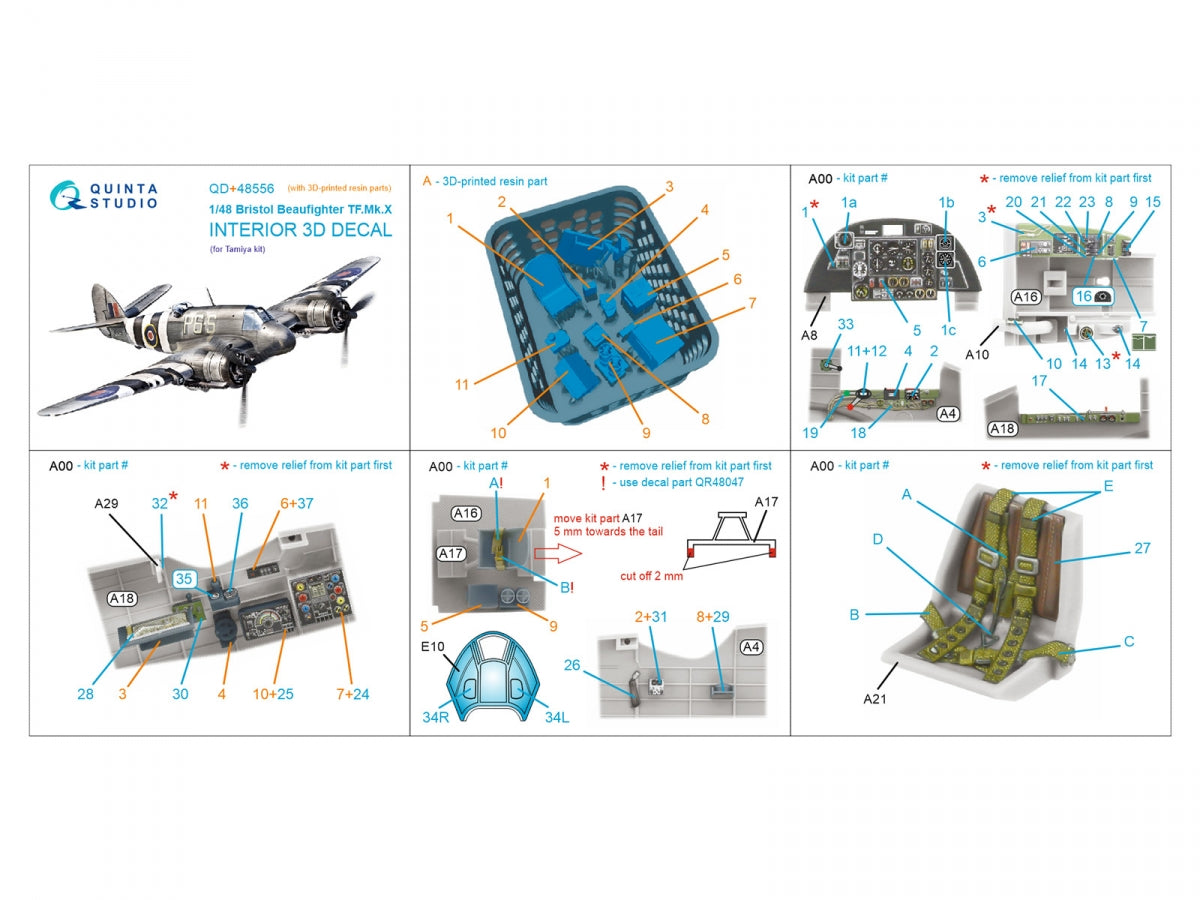 Quinta Studio QD+48556 Bristol Beaufighter TF.Mk.X 3D-Printed &amp;amp; coloured Interior on decal paper (Tamiya) (with 3D-printed resin parts) 1/48 – zdjęcie 2