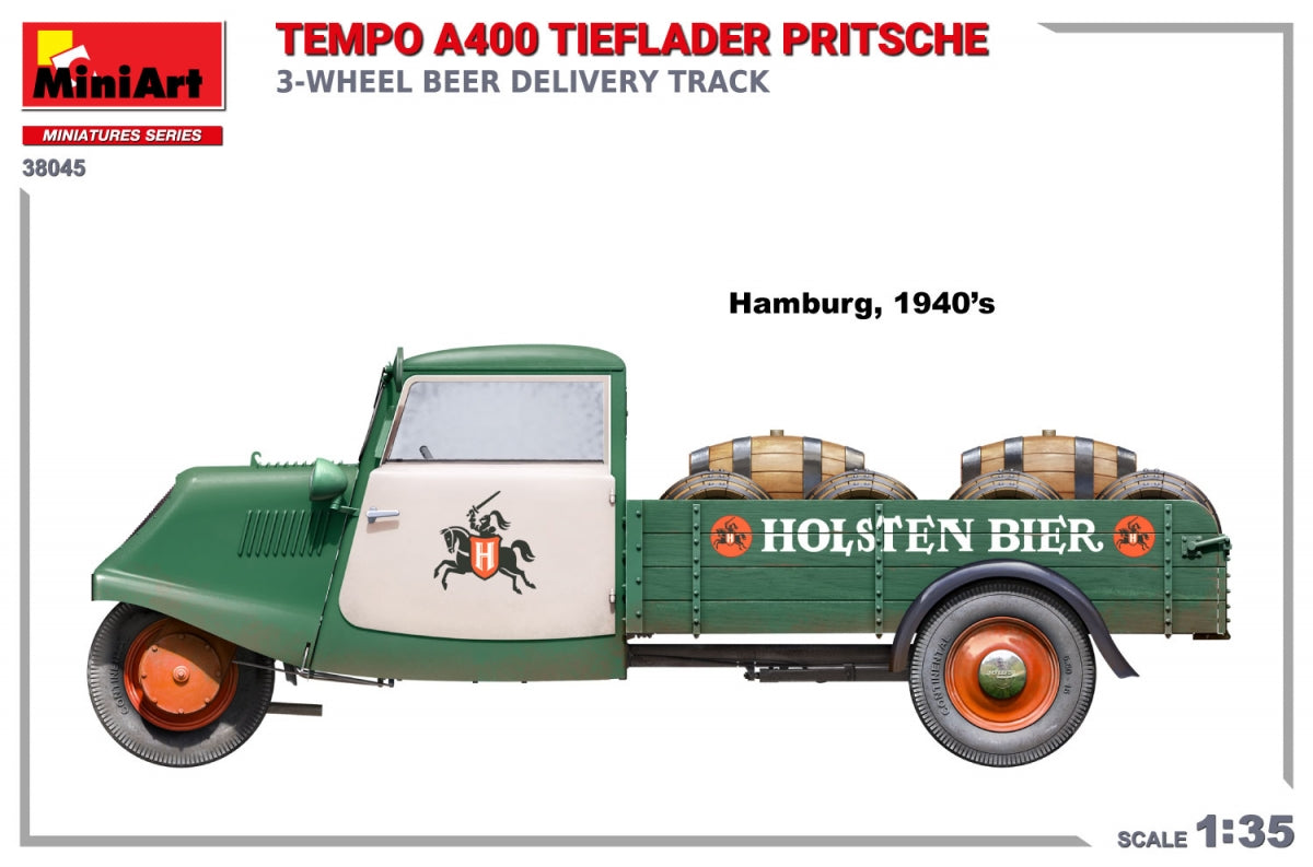 MiniArt 38045 TEMPO A400 TIEFLADER PRITSCHE 3-WHEEL BEER DELIVERY TRUCK 1/35 – zdjęcie 4