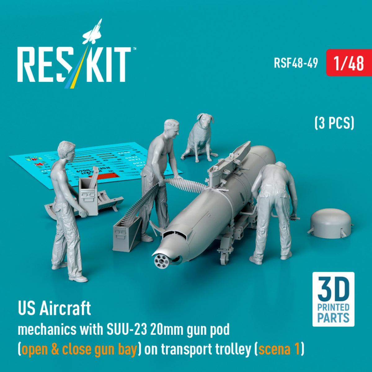 RESKIT RSF48-0049 US Aircraft mechanics with SUU-23 20mm gun pod (open &amp; close gun bay) on transport trolley (scene 1) (3 pcs) (3D Printed) 1/48