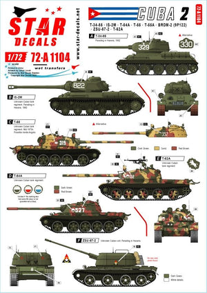 Star Decals 72-A1104 Tanks &amp;amp; AFVs in Cuba # 2. T-34/85, IS-2M, T-54A, T-55, T-55A, T-62A, ZSU-57-2, BRDM-2 (9P122). 1/72