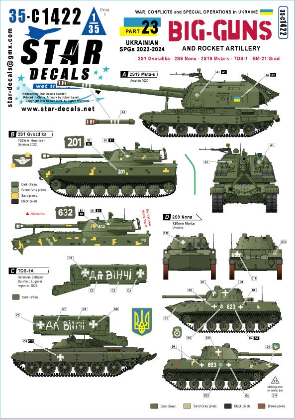 Star Decals 35-C1422 War in Ukraine 23 Ukrainian Big Guns and Rocket Artillery. 2S1 Gvostika, 2S9 Nona, 2S19 Msta-s, TOS-1 and BM-21 Grad 1/35