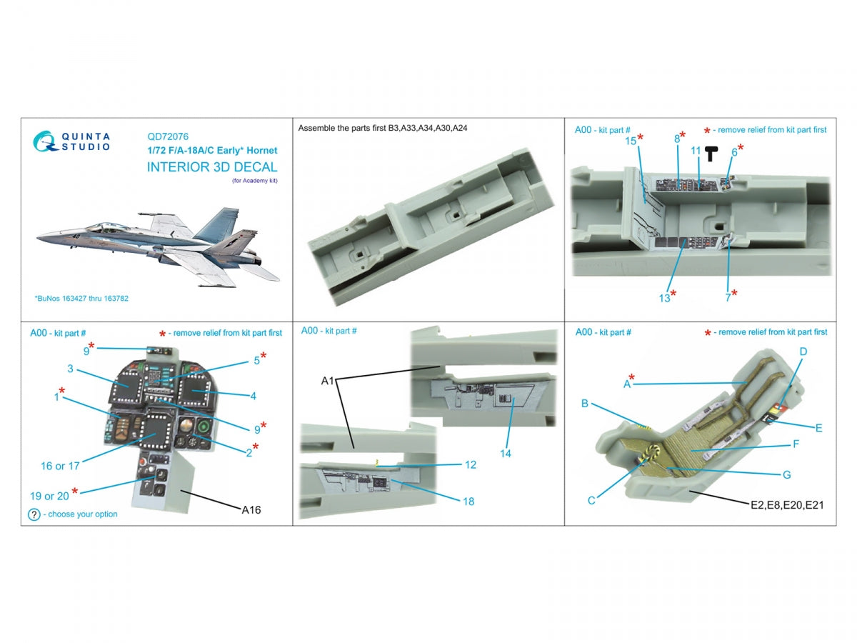 Quinta Studio QD72076 F/A-18A/C early 3D-Printed &amp;amp; colored Interior on decal paper (Academy) 1/72 – image 13