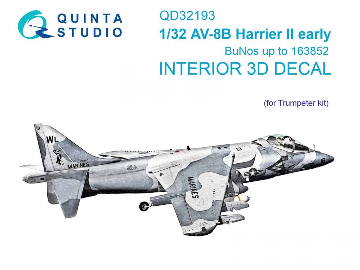 Quinta Studio QD32193 AV-8B Harrier II early 3D-Printed & coloured Interior on decal paper (Trumpeter) 1/32