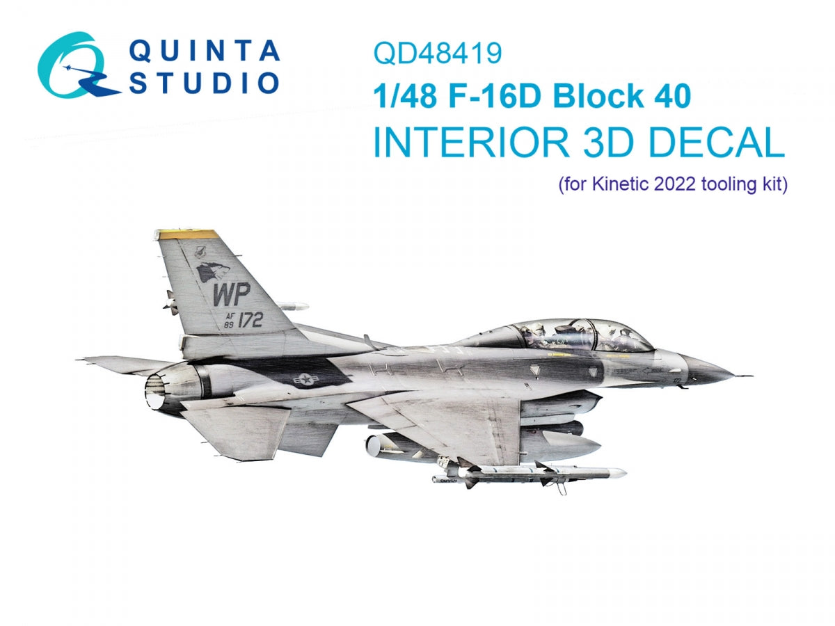 Quinta Studio QD48419 F-16D block 40 3D-Printed &amp;amp; colored Interior on decal paper (Kinetic 2022 tool) 1/48