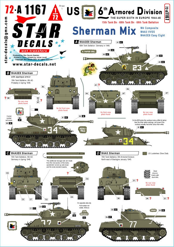 Star Decals 72-A1167 US 6th Armored Division 1. The Super-Sixth in Europe 1944-45. Sherman Mix 1/72