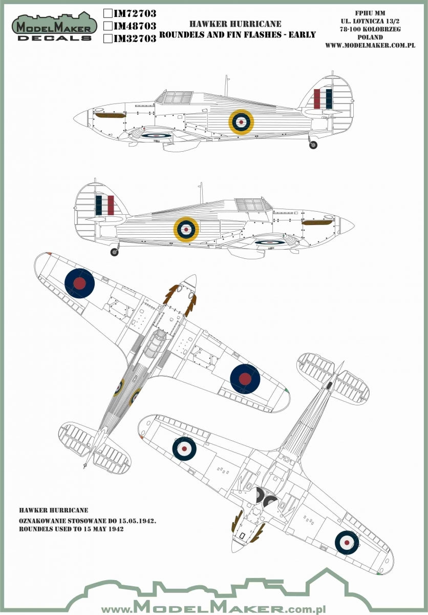Décalcomanies ModelMaker IM48703 Cocardes et ailerons de dérive Hawker Hurricane - Première version 1/48