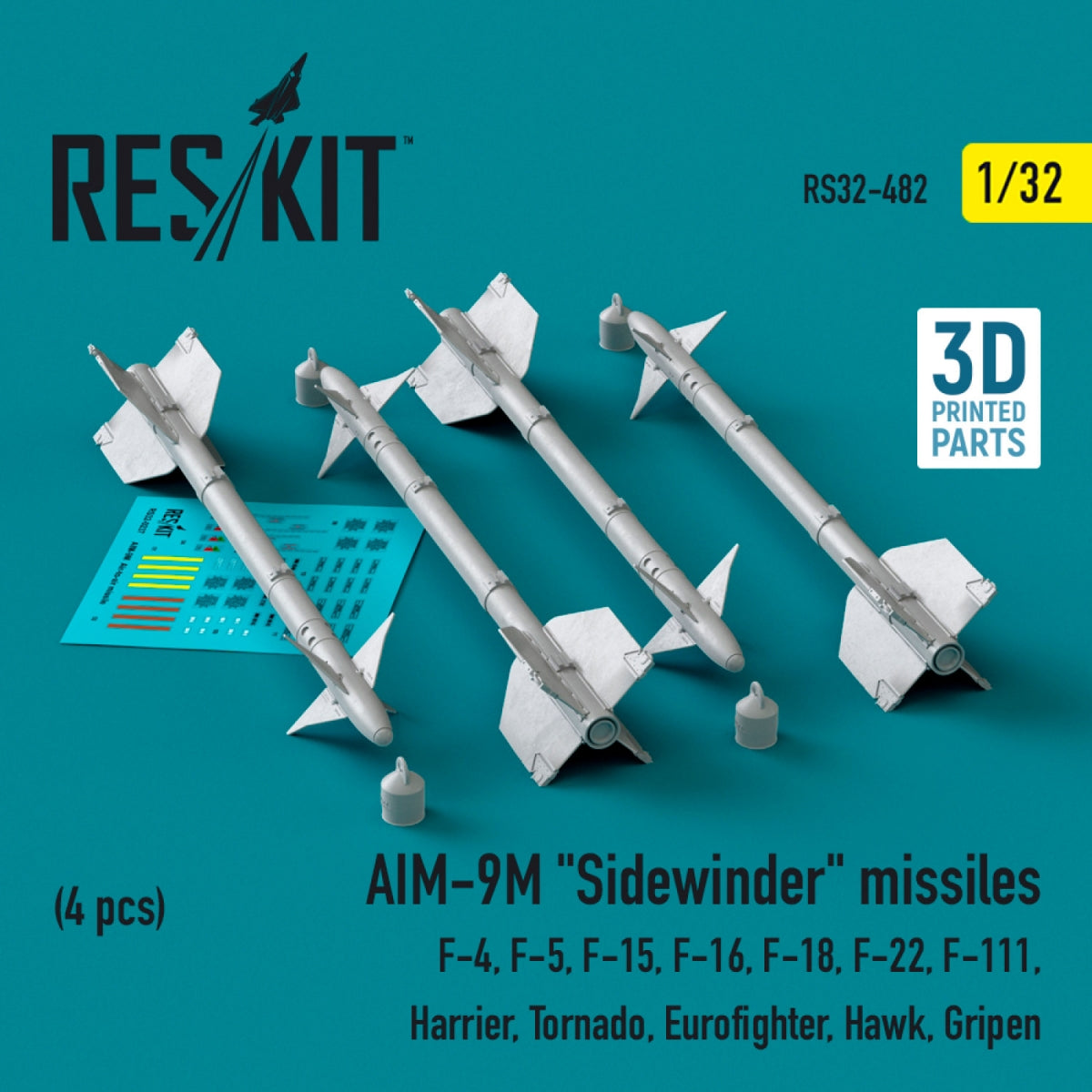 RESKIT RS32-0482 AIM-9M &amp;quot;Sidewinder&amp;quot; missiles (4 pcs) (3D Printed) 1/32