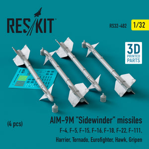RESKIT RS32-0482 AIM-9M &amp;quot;Sidewinder&amp;quot; missiles (4 pcs) (3D Printed) 1/32