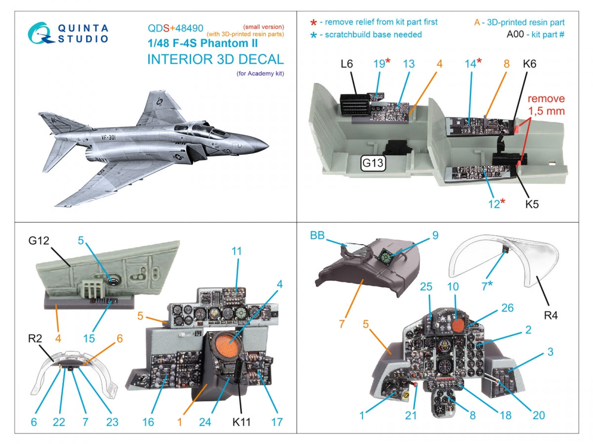 Quinta Studio QDS+48490 F-4S Phantom II 3D-Printed &amp;amp; coloured Interior on decal paper (Academy) (Small version) (with 3D-printed resin parts) 1/48 – zdjęcie 3