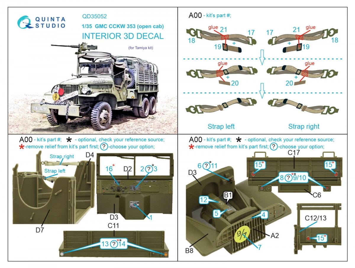Quinta Studio QD35052 GMC CCKW 353 (open cab) 3D-Printed &amp;amp; coloured Interior on decal paper ( Tamiya ) 1/35 – zdjęcie 2