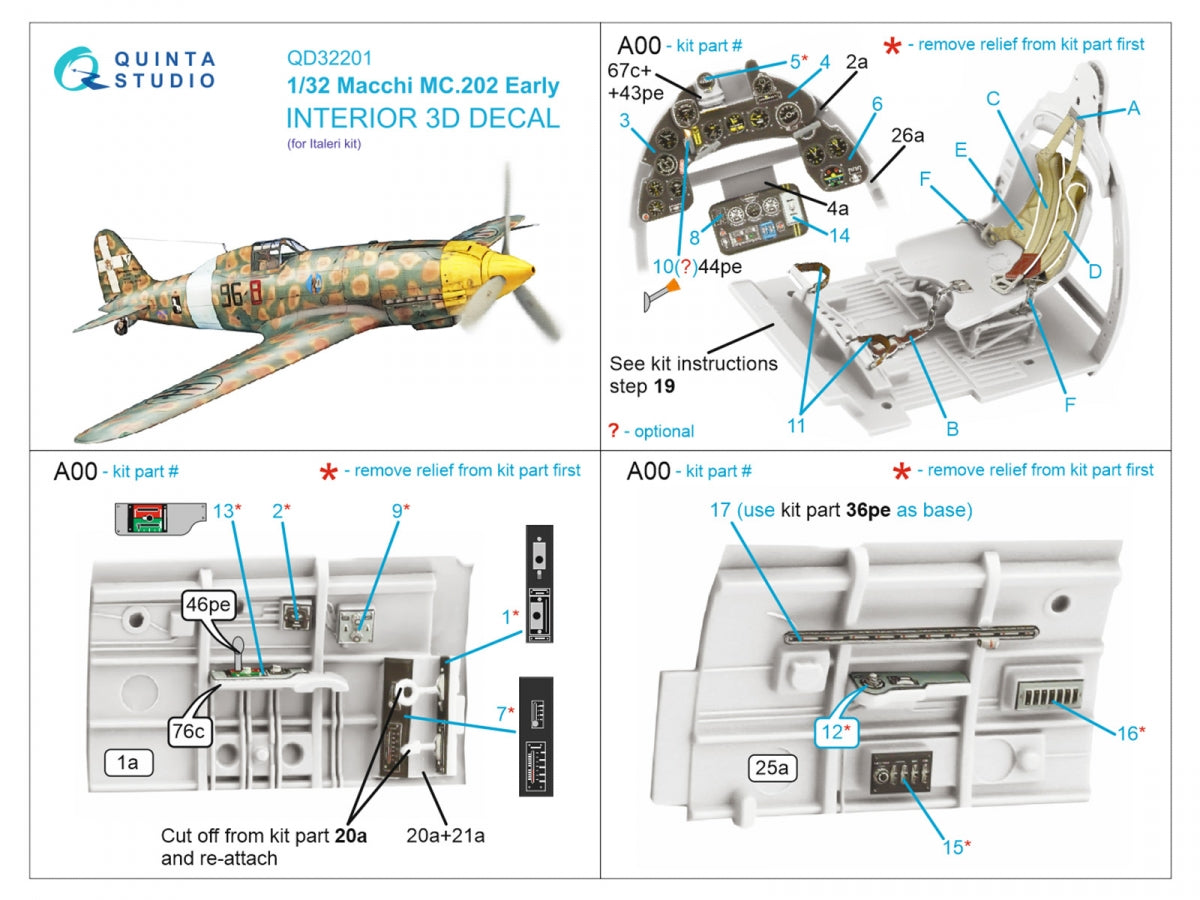 Quinta Studio QD32201 Macchi MC.202 Folgore Early 3D-Printed &amp;amp; colored Interior on decal paper (Italeri) 1/32 – image 2