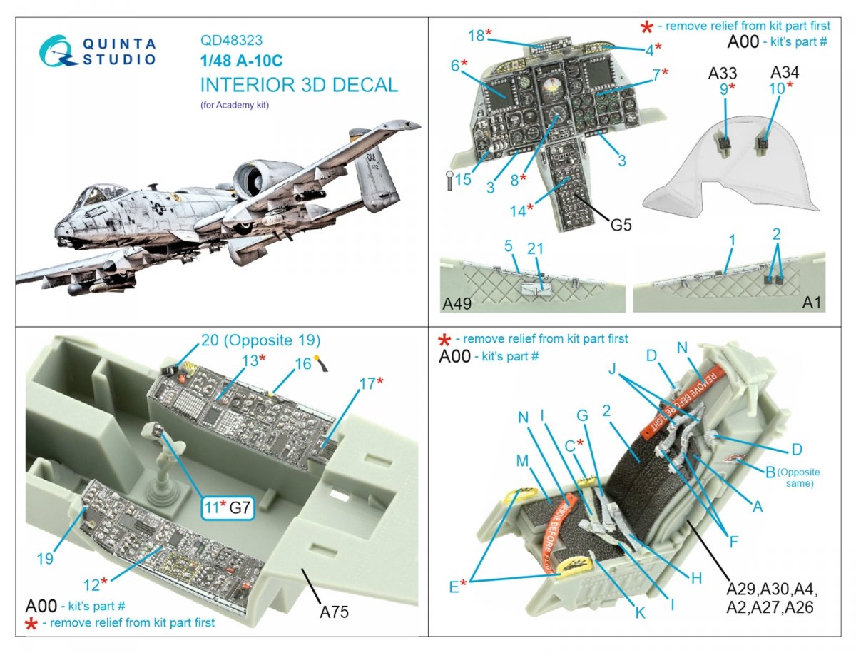 Quinta Studio QD48323 A-10C 3D-Printed &amp;amp; coloured Interior on decal paper (Academy) 1/48 – zdjęcie 2