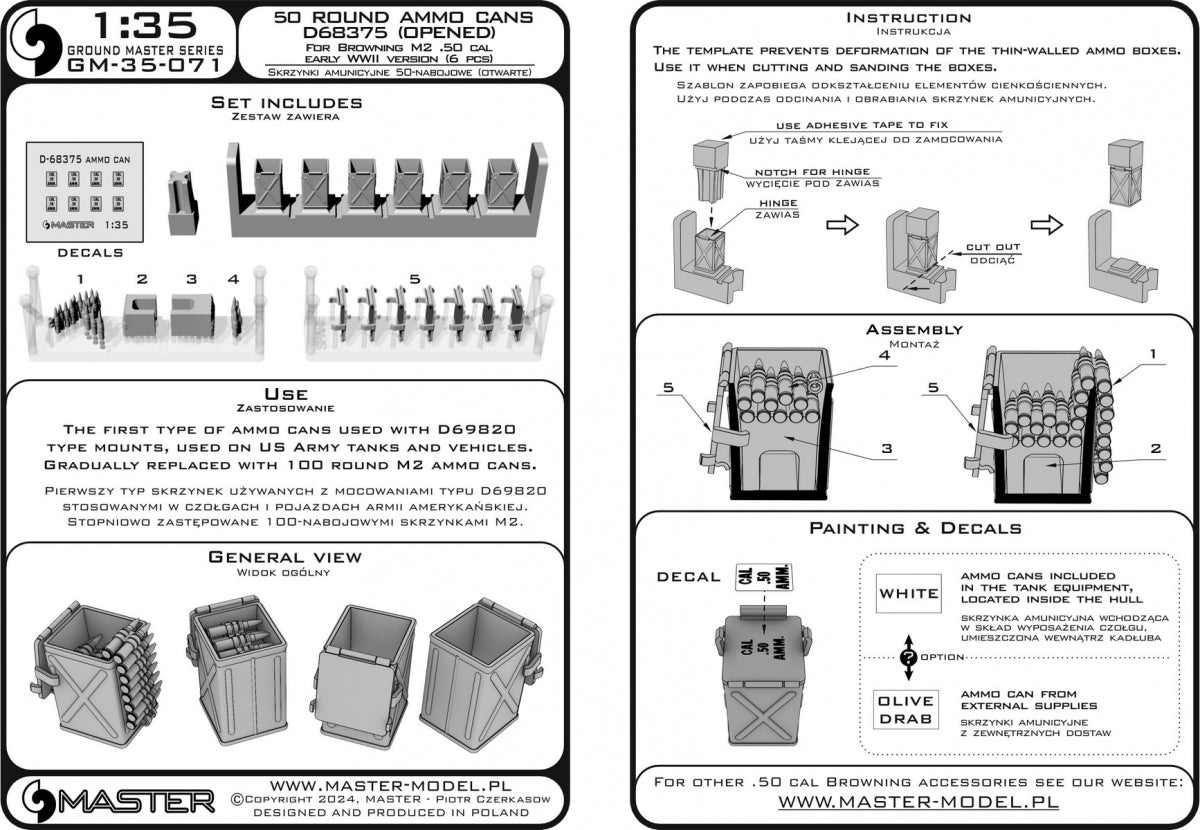 Master GM-35-071 D68375 Ammunition Boxes (50 rounds) for Browning M2 .50 rifle - used in early WWII (6 pcs.) - OPEN 1/35 – image 7
