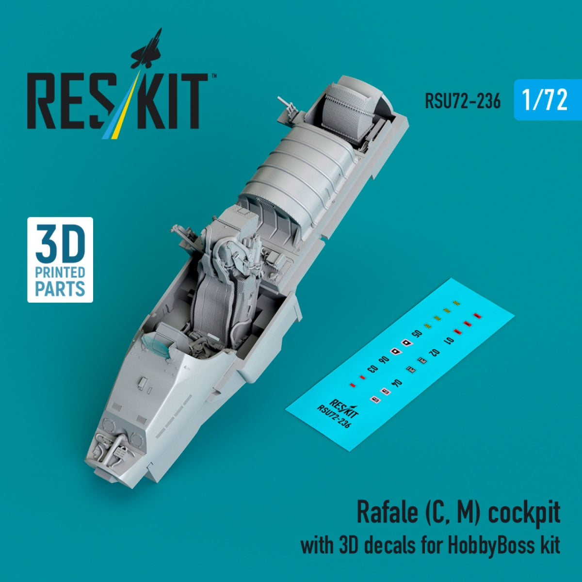 RESKIT RSU72-236 Rafale (C, M) cockpit with 3D decals for HobbyBoss kit (3D Printed) 1/72