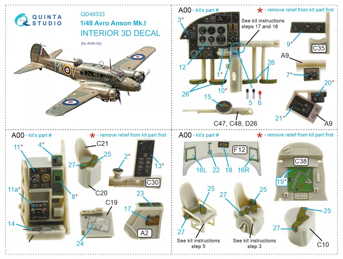 Quinta Studio QD48333 Avro Anson Mk.I 3D-Printed &amp;amp; coloured Interior on decal paper (Airfix) 1/48 – zdjęcie 8