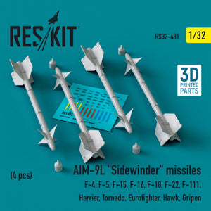 RESKIT RS32-0481 AIM-9L &amp;quot;Sidewinder&amp;quot; missiles (4 pcs) (3D Printed) 1/32