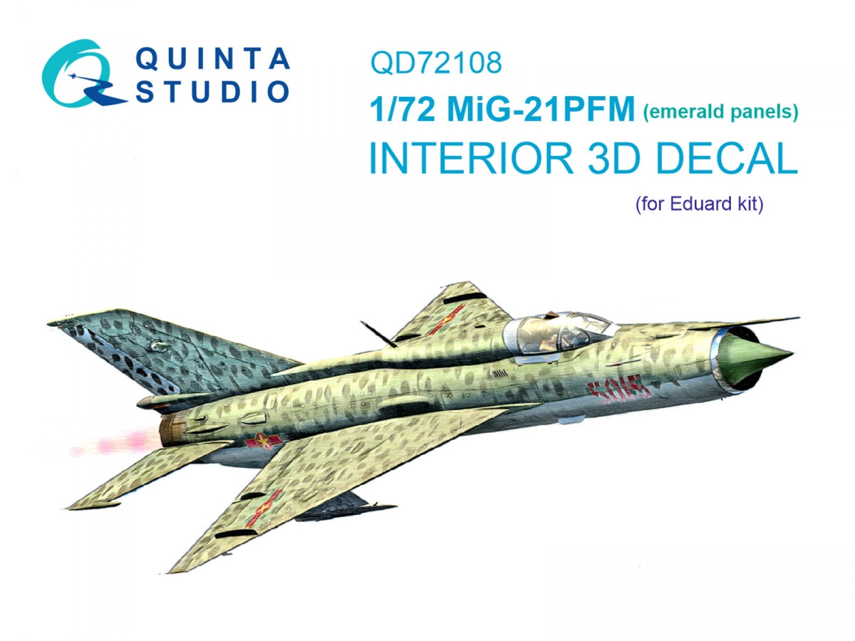 Quinta Studio QD72108 MiG-21PFM Emerald panels 3D-Printed &amp;amp; colored Interior on decal paper (Eduard) 1/72