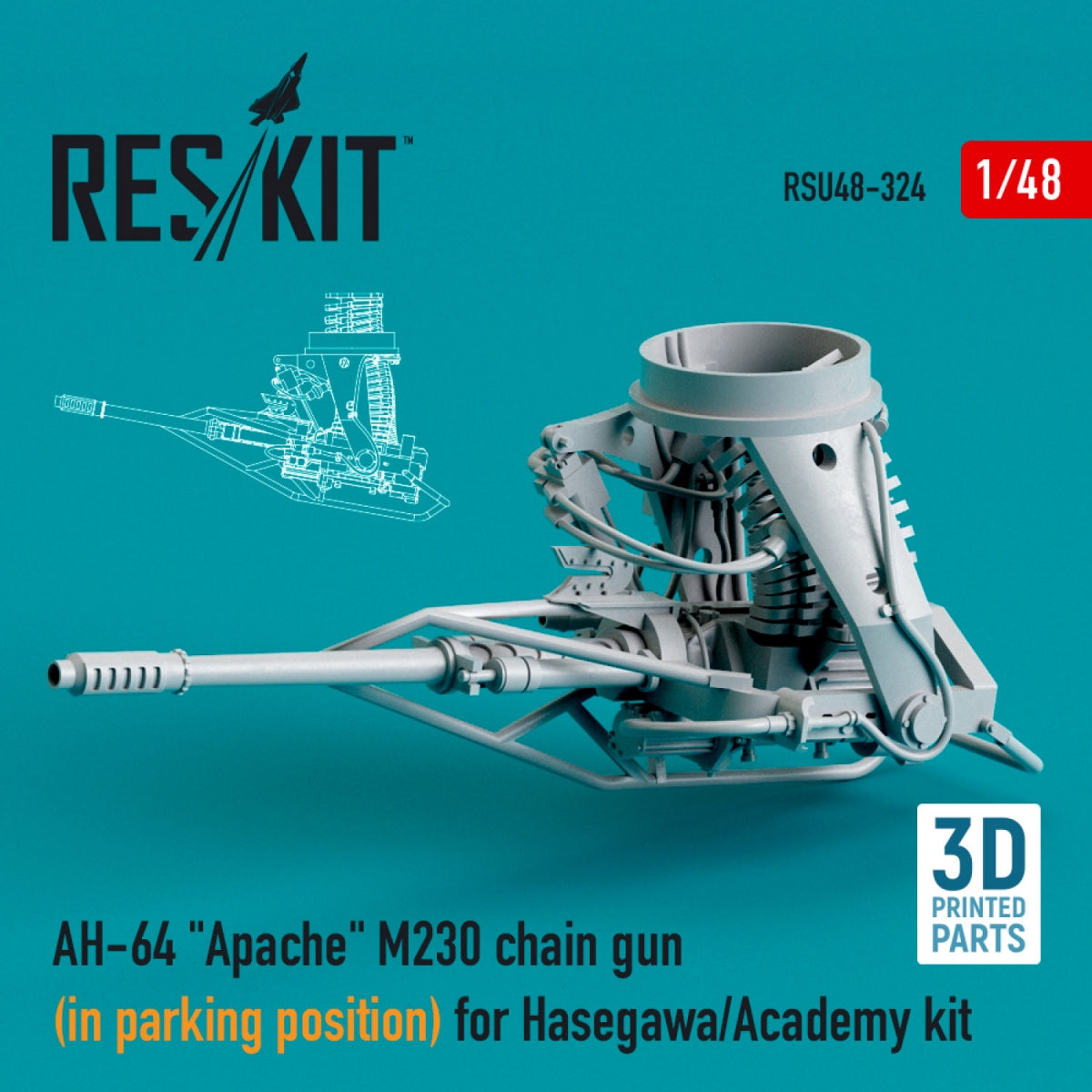 RESKIT RSU48-0324 AH-64 « APACHE » M230 TRAIN ​​GUN (EN POSITION DE STATIONNEMENT) POUR MAQUETTE HASEGAWA/ACADEMY (IMPRIMÉE EN 3D) 1/48