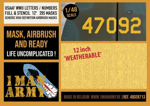 1 Man Army 48GEN713 USAAF WWII Letters / Numbers Full & Stencil 12" (295 pcs) 1/48