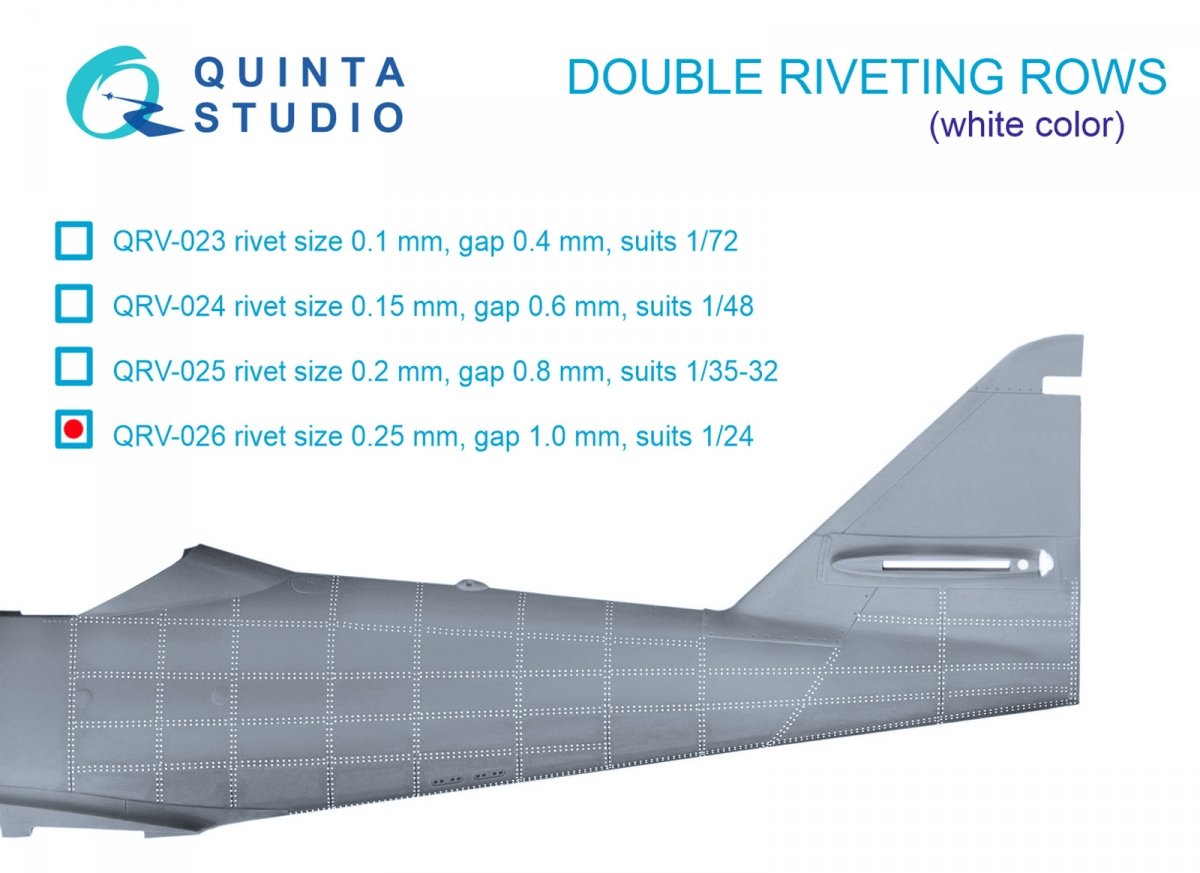 Quinta Studio QRV-026 Double riveting rows (rivet size 0.25 mm, gap 1.0 mm, suits 1/24 scale), White color, total length 5,8 m/19 ft