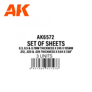 AK Interactive AK6572 0.3, 0.5 &amp;amp; 0.7MM THICKNESS X 245 X 195MM – STYRENE SHEET SET- (3 UNITS) – immagine 2