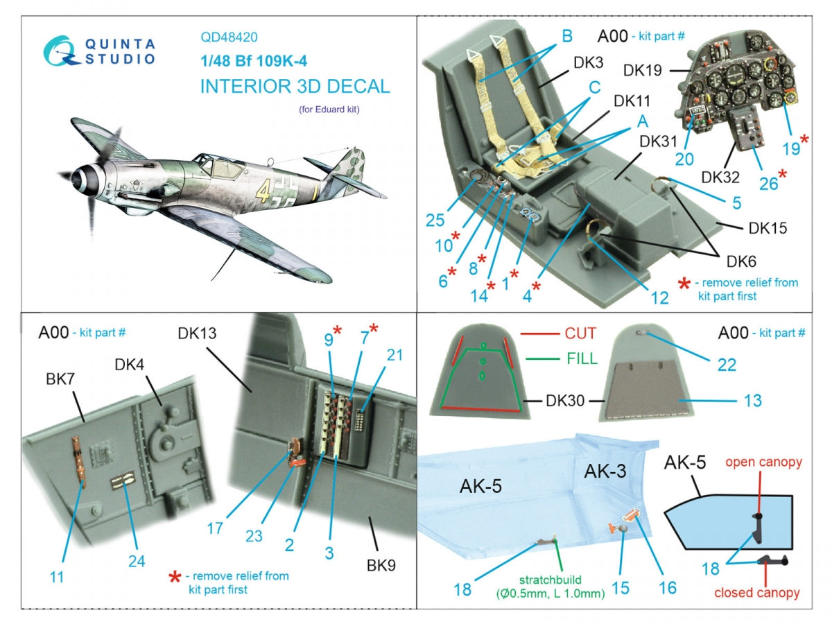 Quinta Studio QD48420 Bf 109K-4 3D-Printed &amp;amp; coloured Interior on decal paper (Eduard) 1/48 – zdjęcie 2