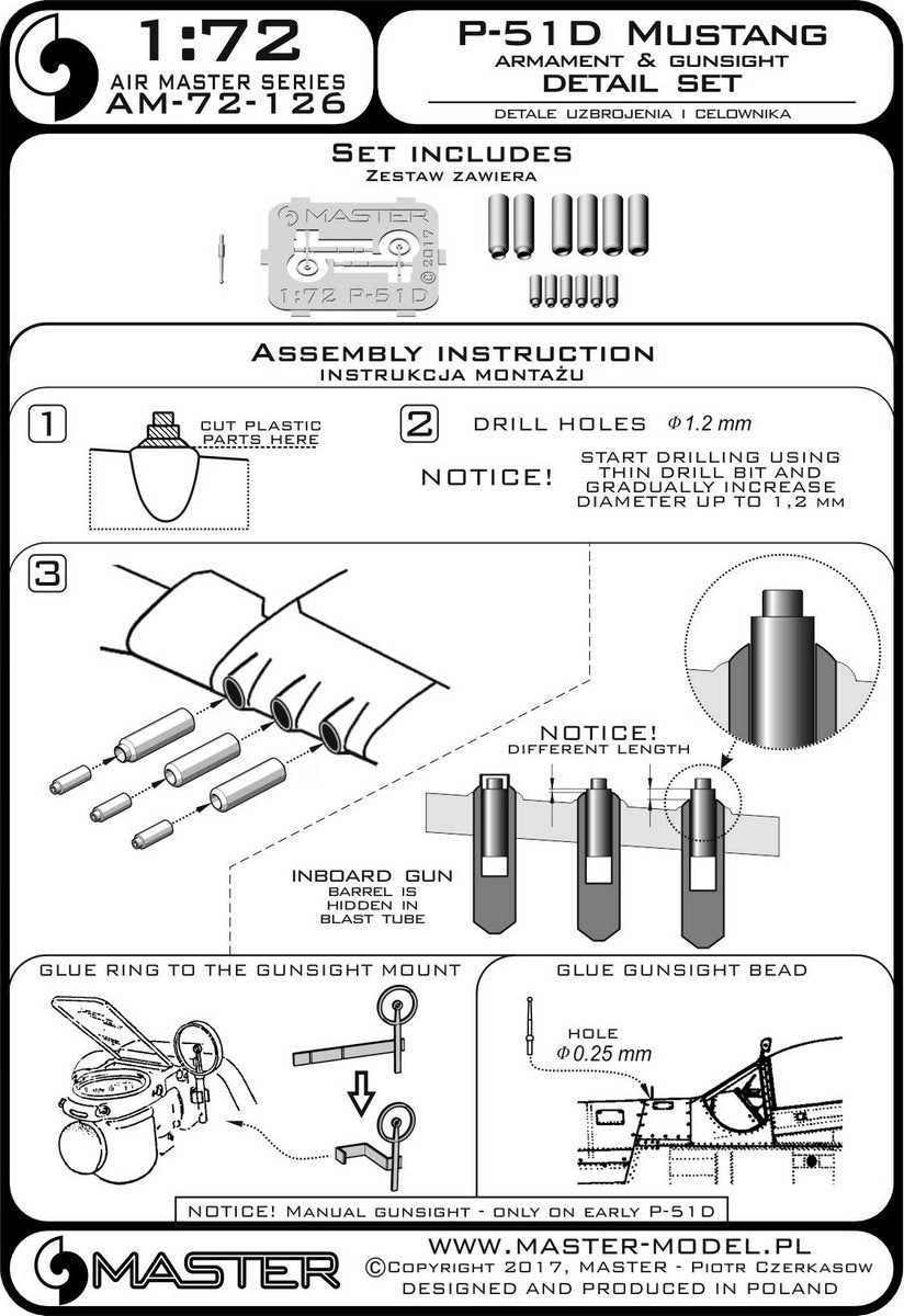 Master AM-72-126 P-51D Mustang Armament &amp;amp; Gunsight Detail Set 1/72 – zdjęcie 4