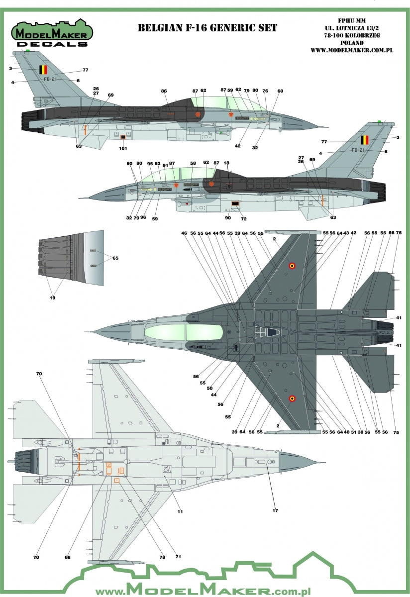 Décalcomanies ModelMaker D48174 Insignes et pochoirs belges pour F-16 - Jeu générique 1/48