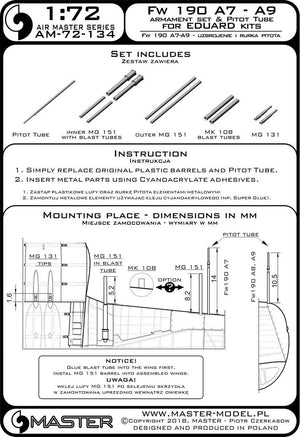 Master AM-72-134 Fw 190 A7 - A9 armament set (MG 131 tips, MG 151 barrels, MK 108 MG covers) and pitot tube (for Eduard models) (1/72) – image 3