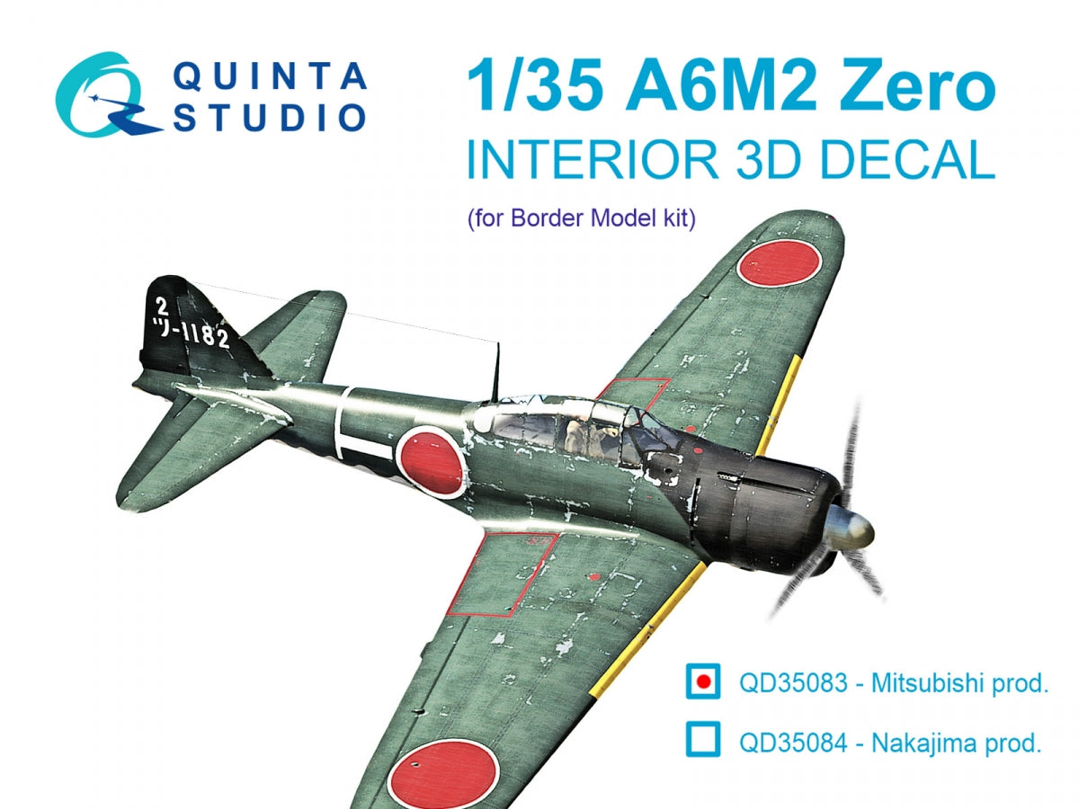 Quinta Studio QD35083 A6M2 Zero (Mitsubishi Prod.) 3D-Printed &amp;amp; colored Interior on decal paper (Border Model) 1/35