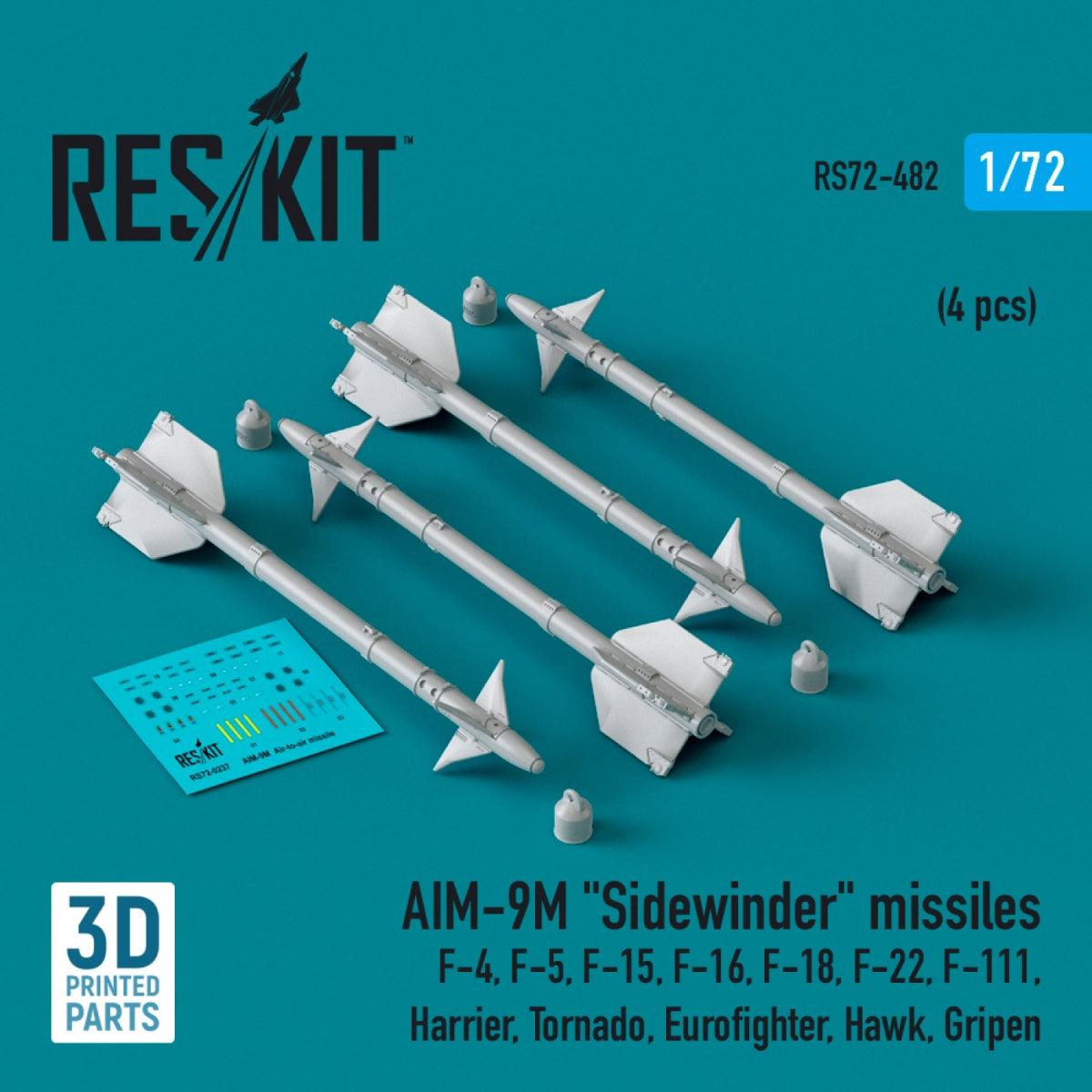 Missiles AIM-9M « Sidewinder » RESKIT RS72-0482 (4 pièces) (Impression 3D) 1/72