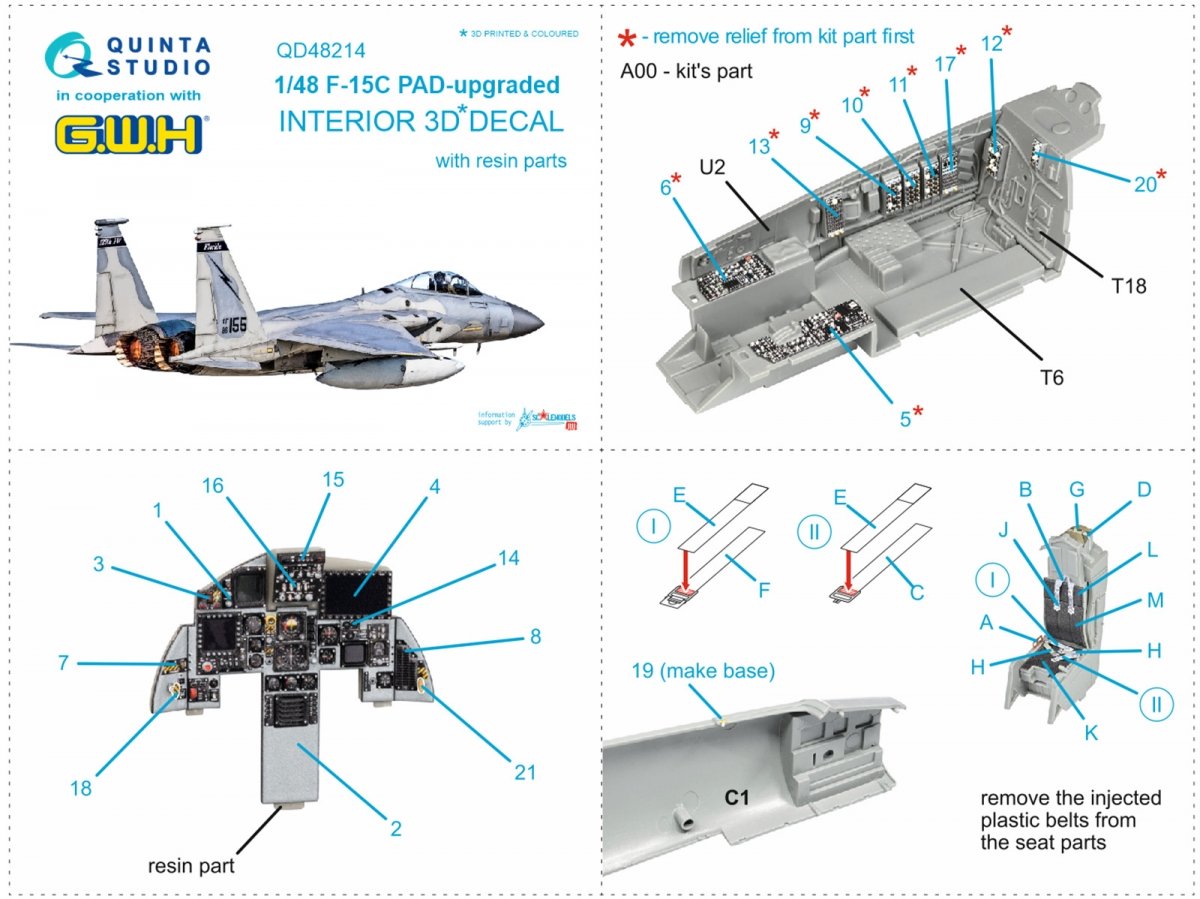 Quinta Studio QD48214 F-15C PAD-upgraded 3D-Printed &amp;amp; colored Interior on decal paper with resin parts (GWH) 1/48 – image 8