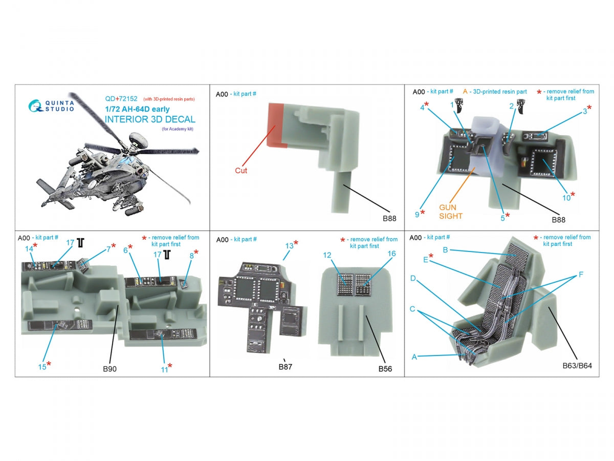 Quinta Studio QD+72152 AH-64D early 3D-Printed colored Interior on decal paper (Academy)(with 3D-printed resin part) 1/72 – image 2