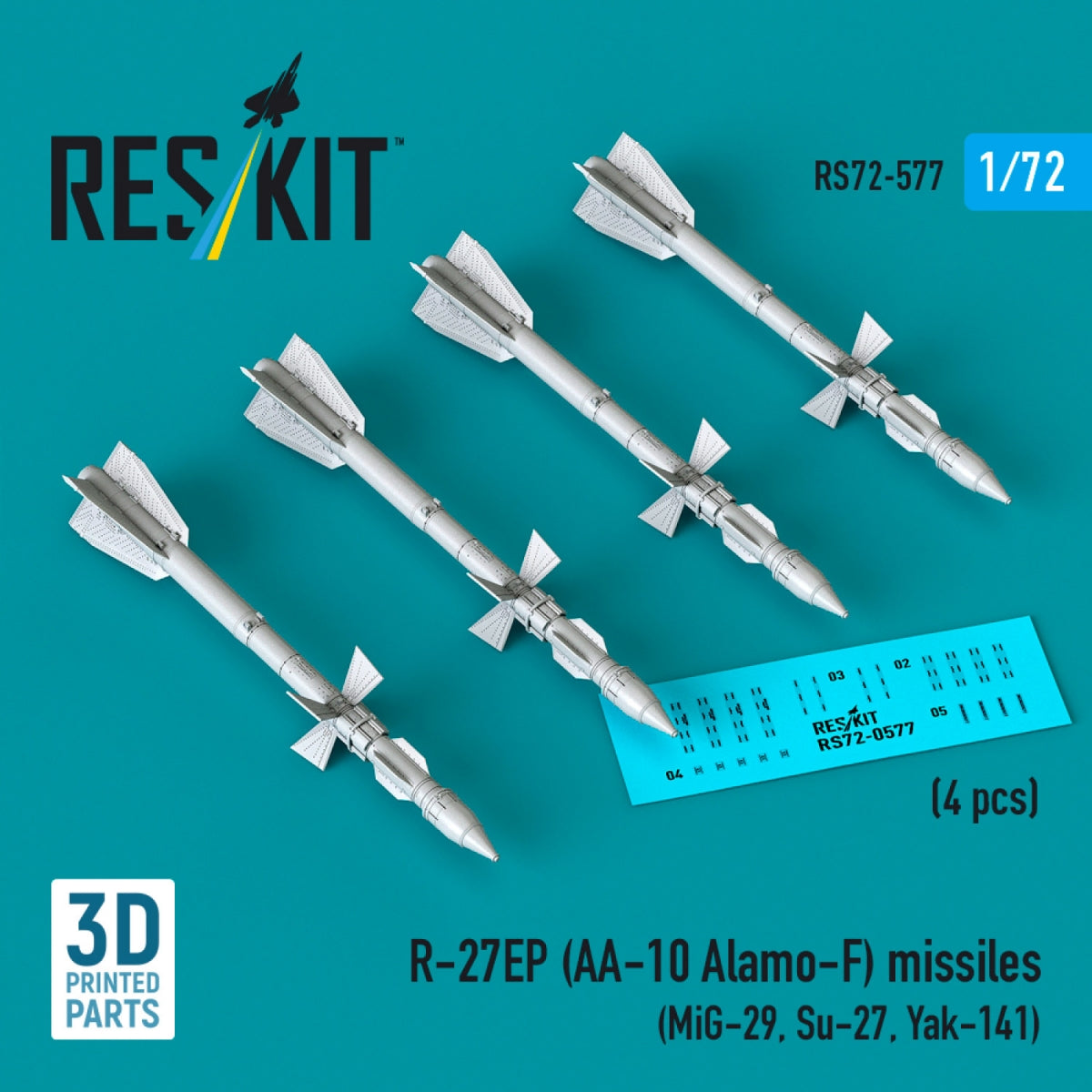 RESKIT RS72-0577 R-27EP (AA-10 Alamo-F) missiles (4 pcs) (MiG-29, Su-27, Yak-141) (3D Printed) 1/72