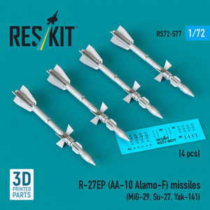 RESKIT RS72-0577 R-27EP (AA-10 Alamo-F) missiles (4 pcs) (MiG-29, Su-27, Yak-141) (3D Printed) 1/72