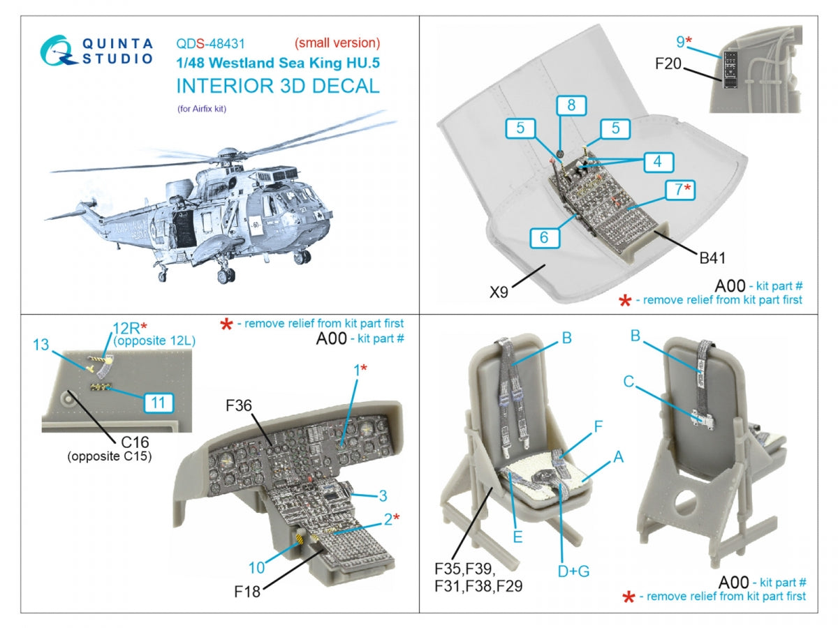 Quinta Studio QDS-48431 Westland Sea King HU.5 3D-Printed &amp;amp; coloured Interior on decal paper (Airfix) (Small version) 1/48 – immagine 2