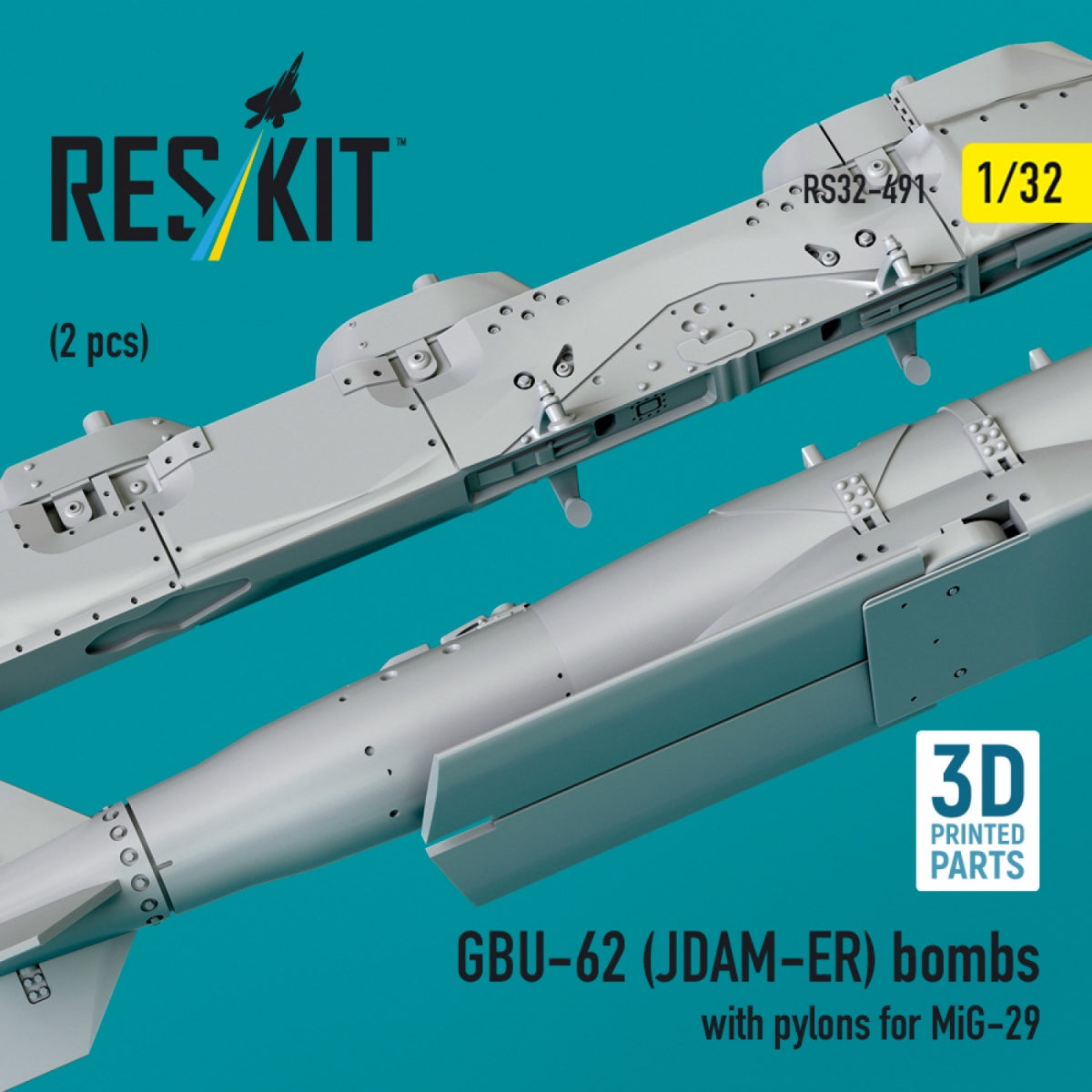 RESKIT RS32-0491 GBU-62 (JDAM-ER) bombs with pylons for MiG-29 (2 pcs) (3D Printed) 1/32 – zdjęcie 3