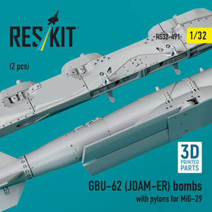 RESKIT RS32-0491 GBU-62 (JDAM-ER) bombs with pylons for MiG-29 (2 pcs) (3D Printed) 1/32 – zdjęcie 3