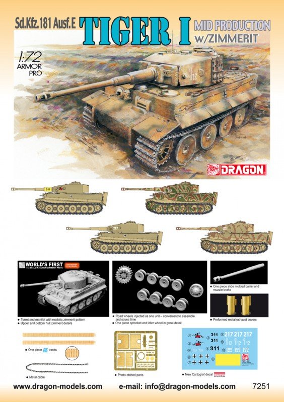 Dragon 7251 Tiger-I Mid w/Zimmerit 1/72 – zdjęcie 2
