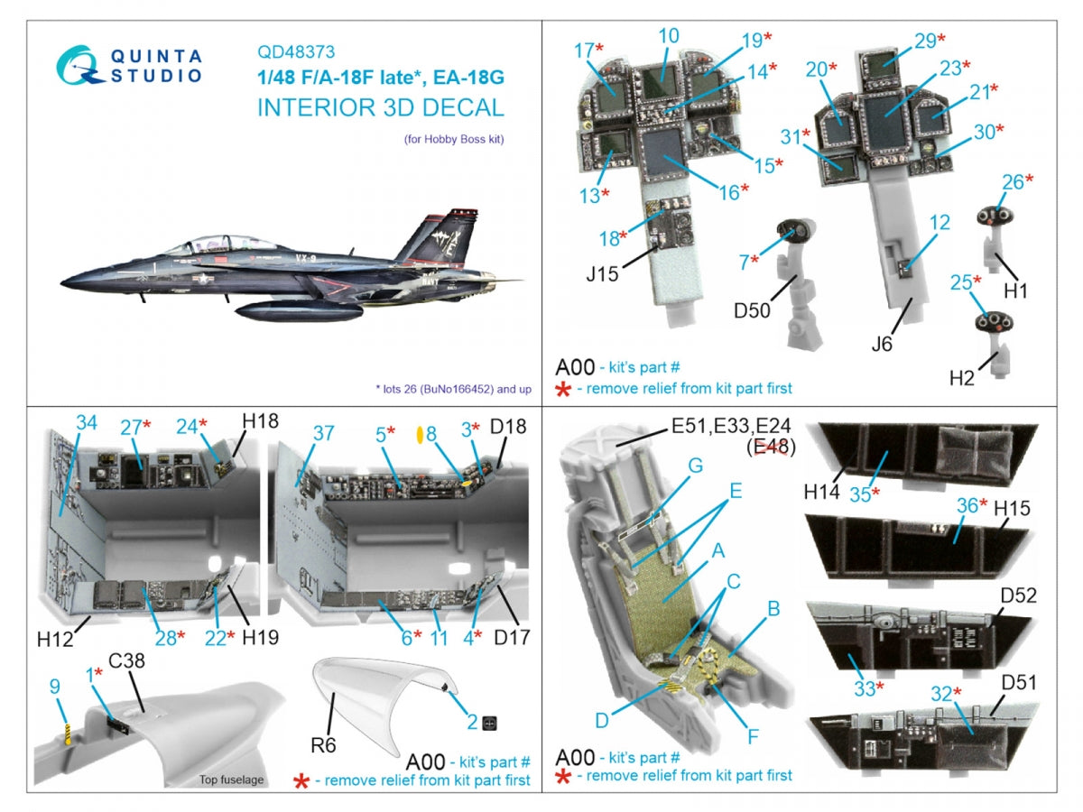 Quinta Studio QD48373 F/A-18F late / EA-18G 3D-Printed &amp;amp; colored Interior on decal paper (Hobby Boss) 1/48 – image 2