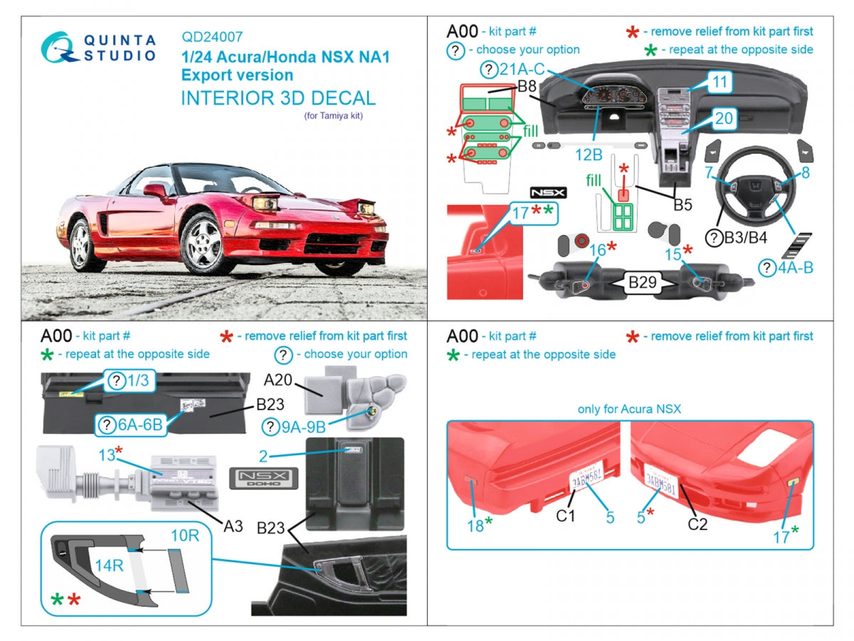 Quinta Studio QD24007 Acura-Honda NSX NA1 Export version 3D-Printed &amp;amp; colored Interior on decal paper (Tamiya) 1/24 – image 2
