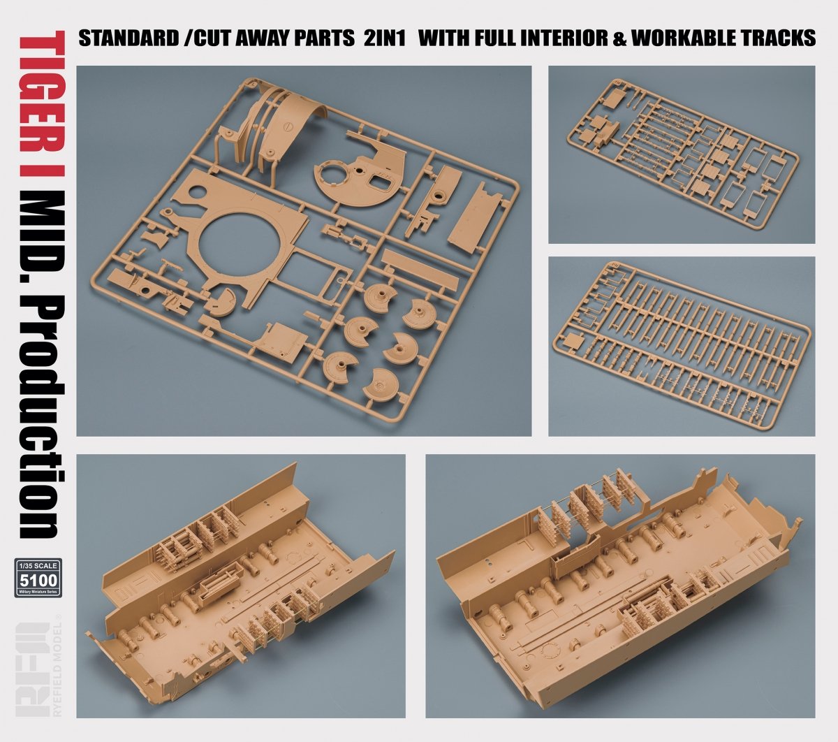 Rye Field Model 5100 TIGER I MID.Production STANDARD/CUT AWAY PARTS 2 IN 1 WITH FULL INTERIOR&amp;amp;WORKABLE TRACKS 1/35 – immagine 4
