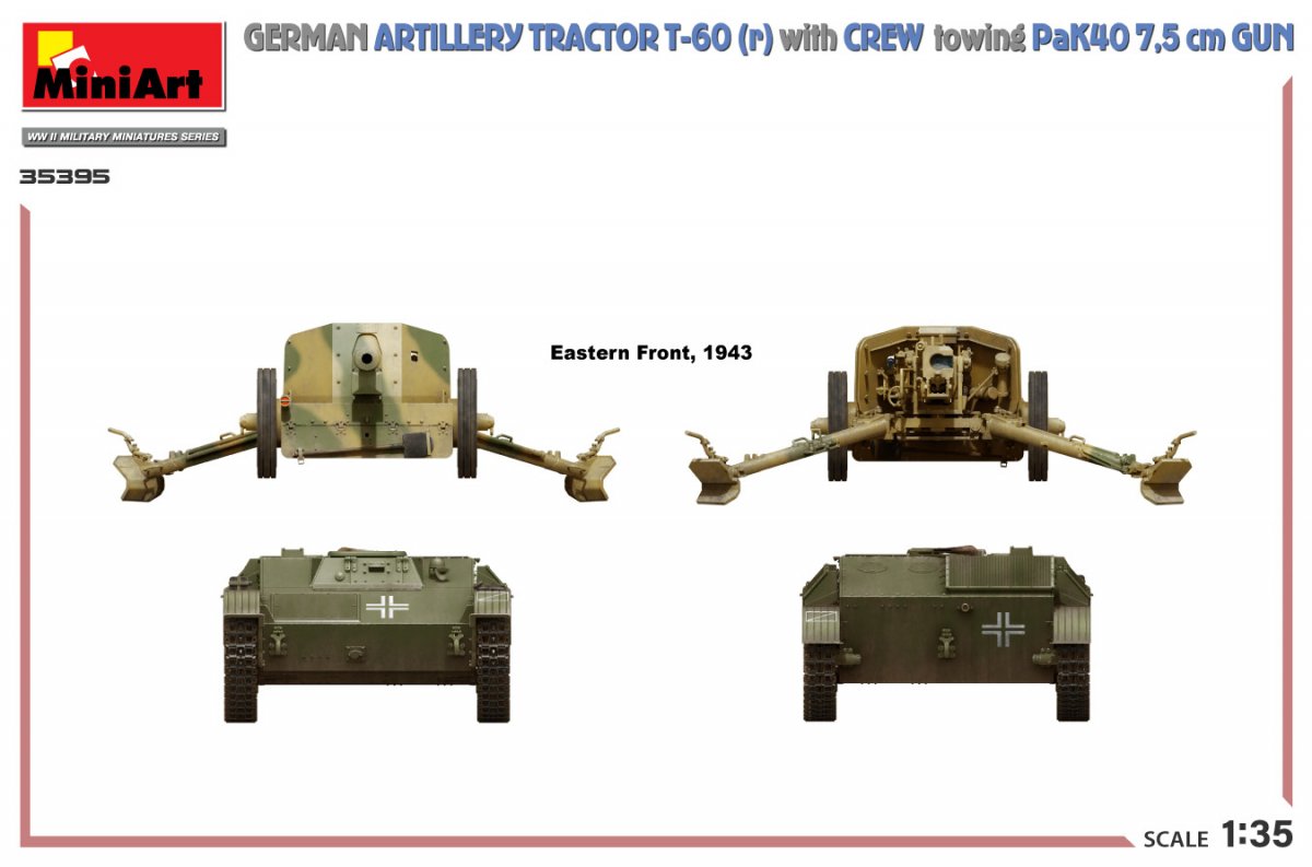 MiniArt 35395 GERMAN ARTILLERY TRACTOR T-60(r) &amp;amp; CREW Towing PaK40 GUN 1/35 – zdjęcie 6