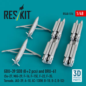 RESKIT RS48-0516 GBU-39 SDB (8 pcs) and BRU-61 (2 pcs) (Su-27, MiG-29, F-16, F-15E, F-22, F-35, Tornado, JAS-39, A-10, AC-130W, B-1B, B-2, B-52) (3D Printed) 1/48