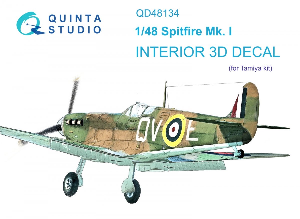 Quinta Studio QD48134 Spitfire Mk.I 3D-Printed &amp;amp; colored Interior on decal paper (Tamiya) 1/48