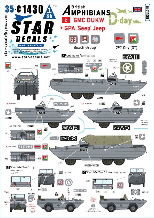 Star Decals 35-C1430 D-Day DUKW + SEEP. British Amphibians # 2. 297 Coy (GT) RASC and Beach Group. 1/35