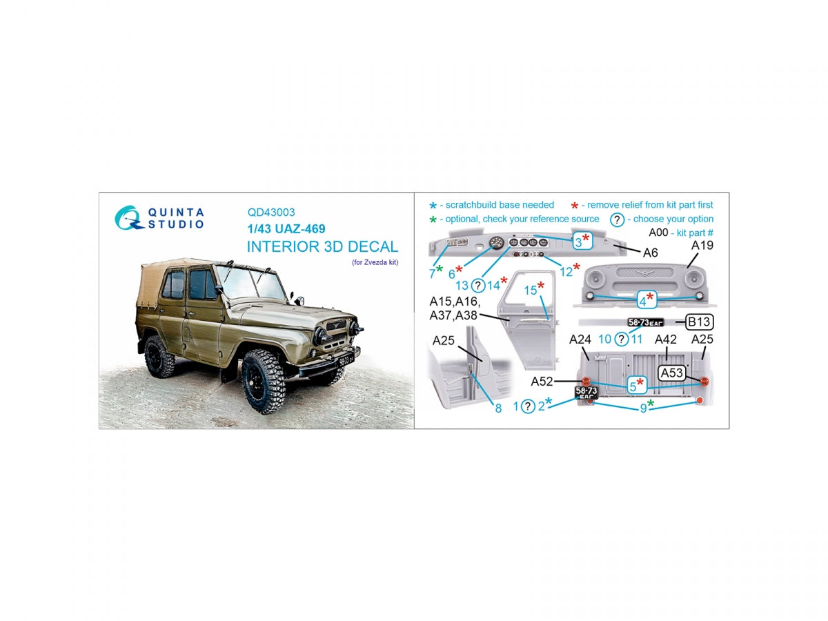Quinta Studio QD43003 UAZ-469 3D-Printed &amp;amp; colored Interior on decal paper (Zvezda) 1/43 – image 12